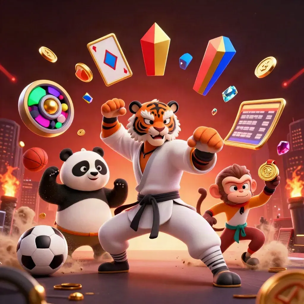 Tiger, panda, and monkey amid flying coins, cards, chips, and glowing casino lights.