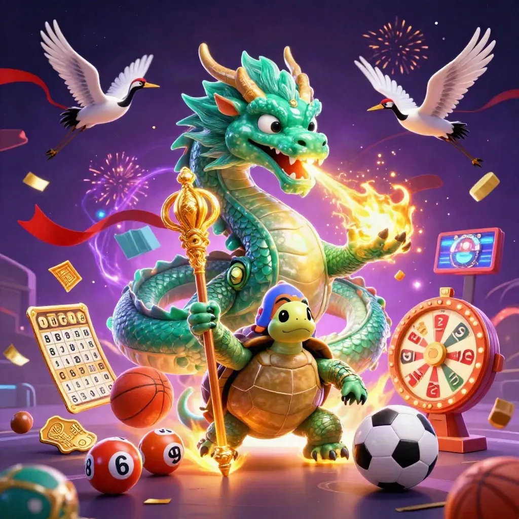 Emerald dragon, sage turtle, and cranes amid flying balls, tickets, and neon casino light