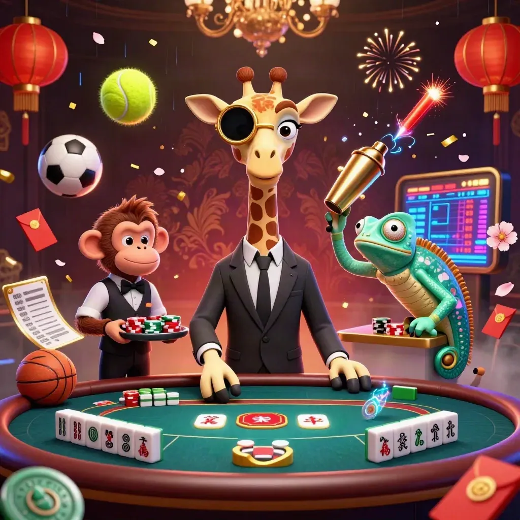 Giraffe, monkey and chameleon around a poker table with tennis, soccer and casino props in neon glow.