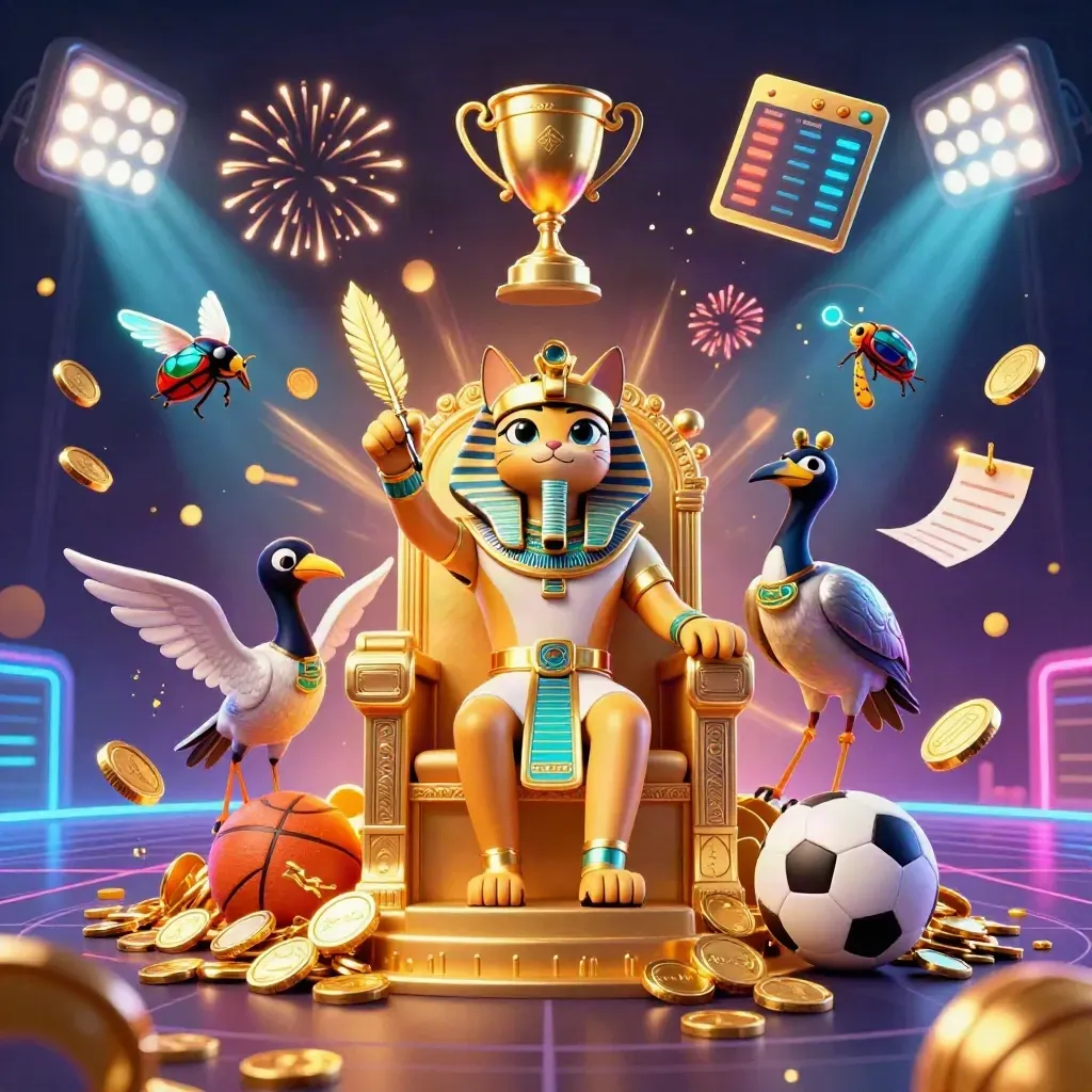 Pharaoh cat, ibis scribe, and scarabs amid coins, sports balls, fireworks, and neon casino glow.
