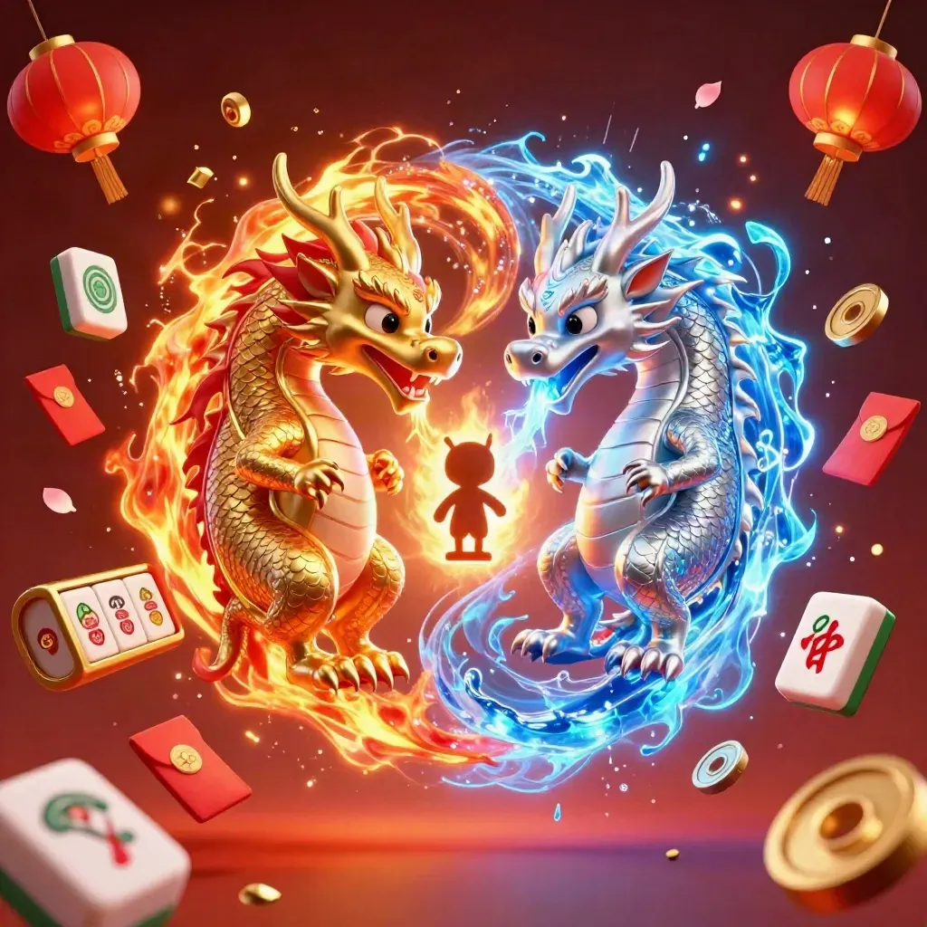 Twin gold and silver dragons spiral in a yin-yang blaze with casino charms and neon energy.