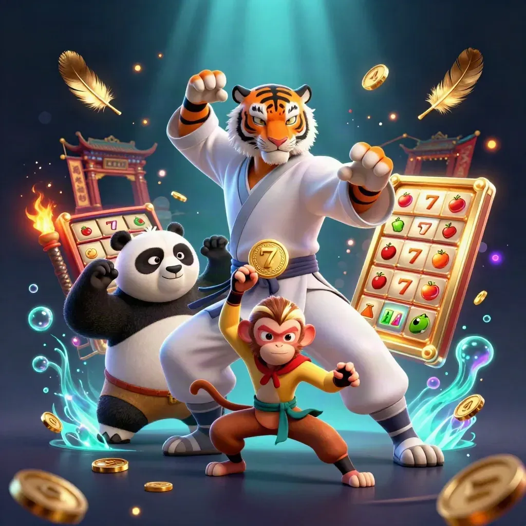 Kung-fu tiger, panda, and monkey amid casino glow, coins, reels, and temple lights